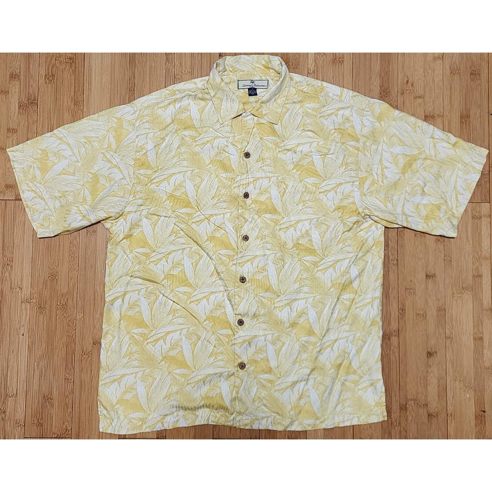 Tommy Bahama Mens M 100% Silk Shirt Yellow Tropical Palm Leaf Hawaiian Button Up